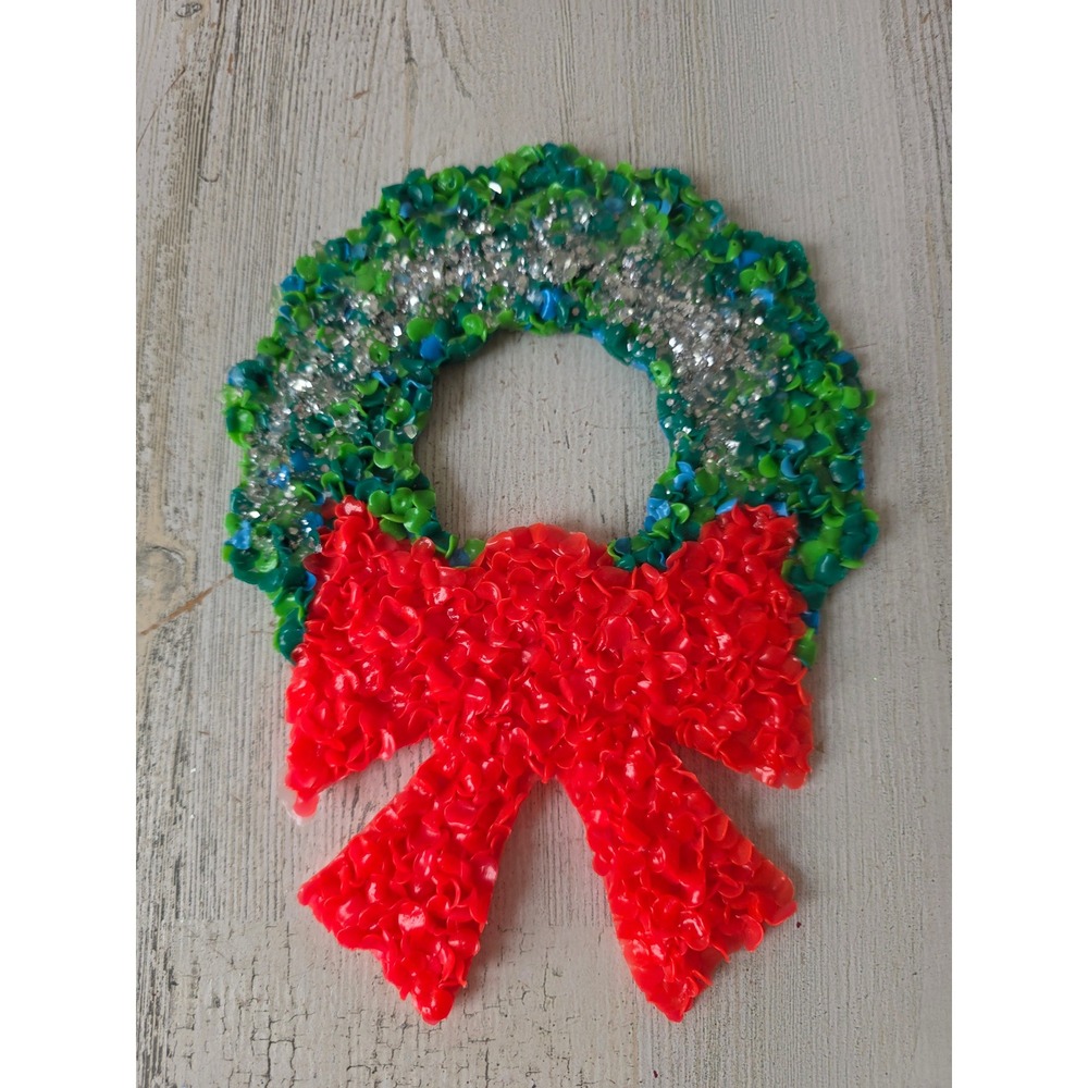 Vintage melted popcorn glitter wreath plastic hanging axness tree Red Green